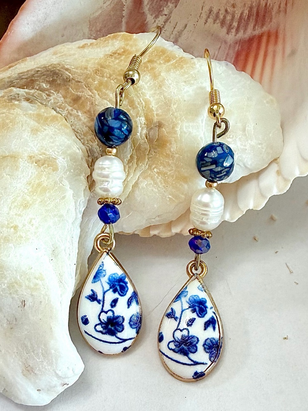 Freshwater Pearl & Wedgwood Blue Flowers Ceramic Beaded Earrings